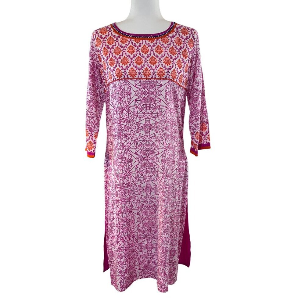 Womens Indian Style Printed Tunic Dress Embellished Neckline Vibrant Pink - M